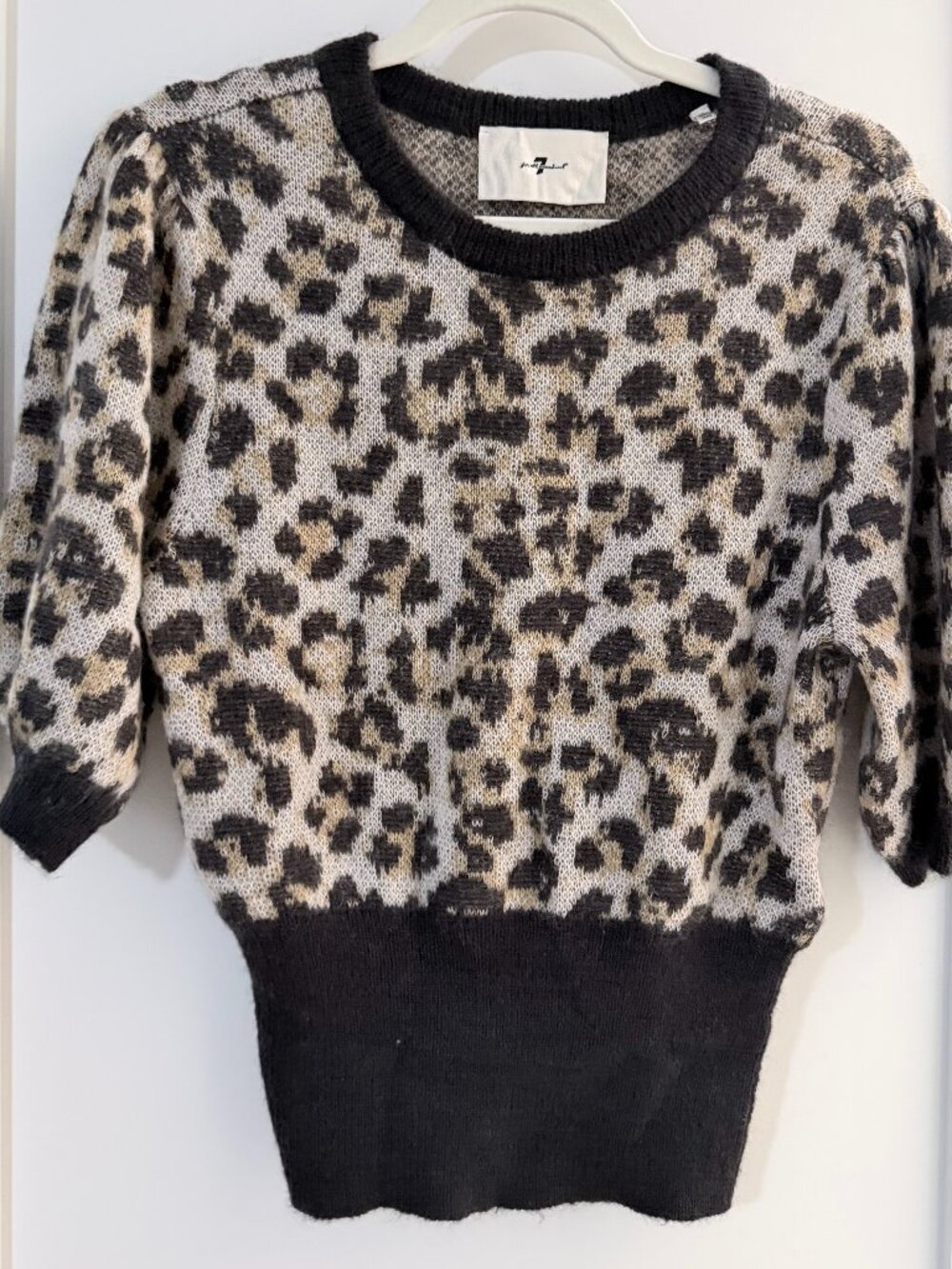 7 For All Mankind Leopard Print Puff Sleeve Sweater Top